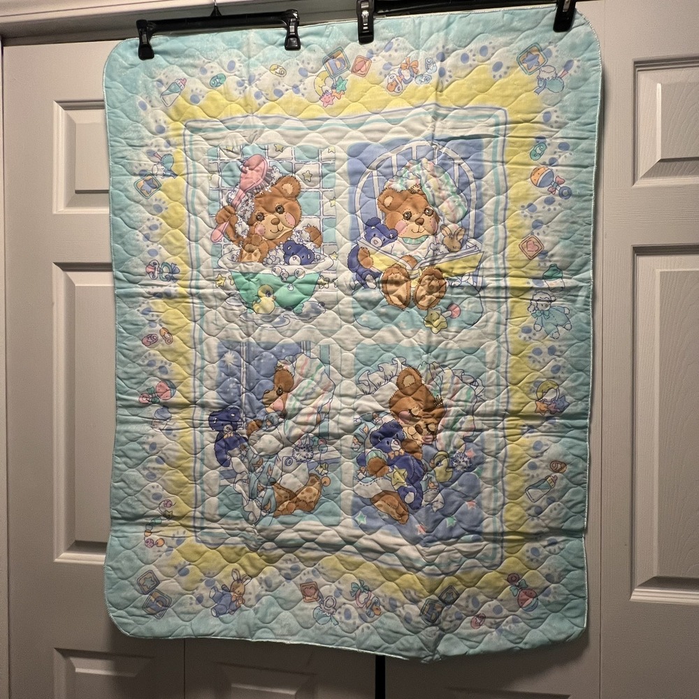 Vintage Riegel Teddy Beddy Bear 1985 Crib Comforter Blanket & Pillow 33.5" x 43"